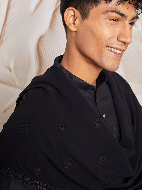 Men's Black Viscose Kurta,Patiala And Dupatta Set.